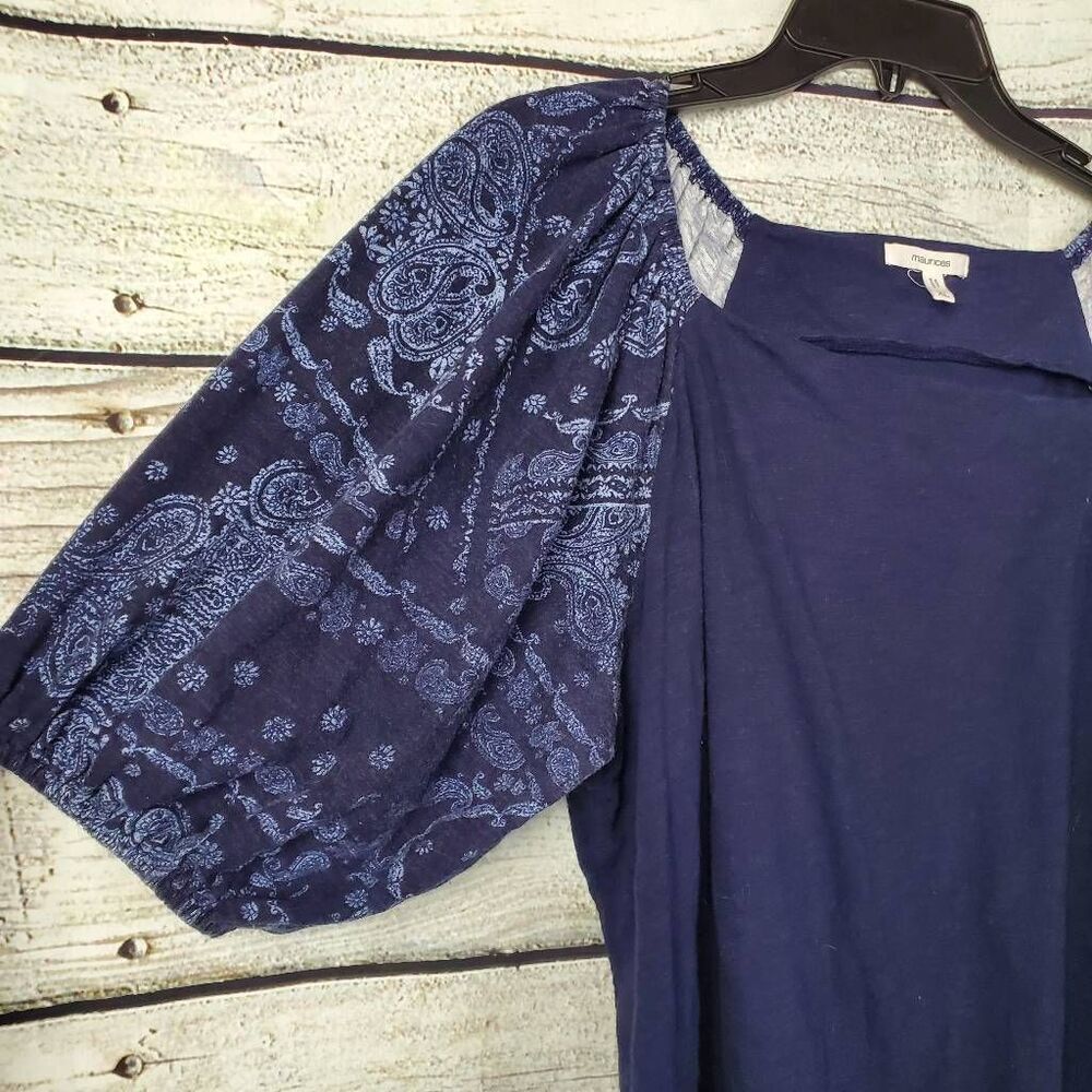 Maurices XL Blue Boho Puff Sleeve Top Paisley Print Cotton Blouse Square Neck Pe - Picture 2 of 7